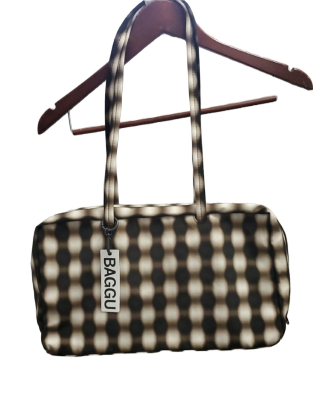 Baggu Medium Nylon Bowler Bag Blurred Gingham Brown